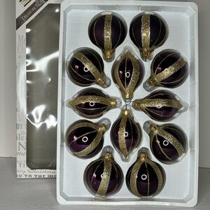 Vintage Unique Treasures Hand Laquered Glass Ornament Set Of 12 Purple & Gold